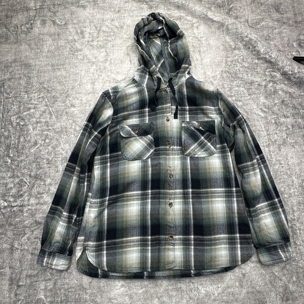 Carhartt Shirt Youth Large Green Plaid Flannel Hooded Button Front 100% Cotton